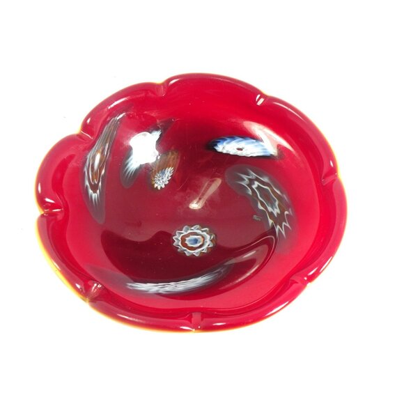 Vintage Mid Century Italian Murano Millefiori Scalloped Art Glass Bowl Red & Whi - Picture 4 of 11